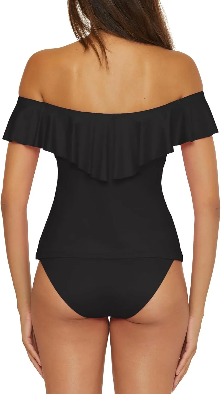 Trina Turk Women's Monaco Ruffle Tankini, Off Shoulder, Swimsuit Tops