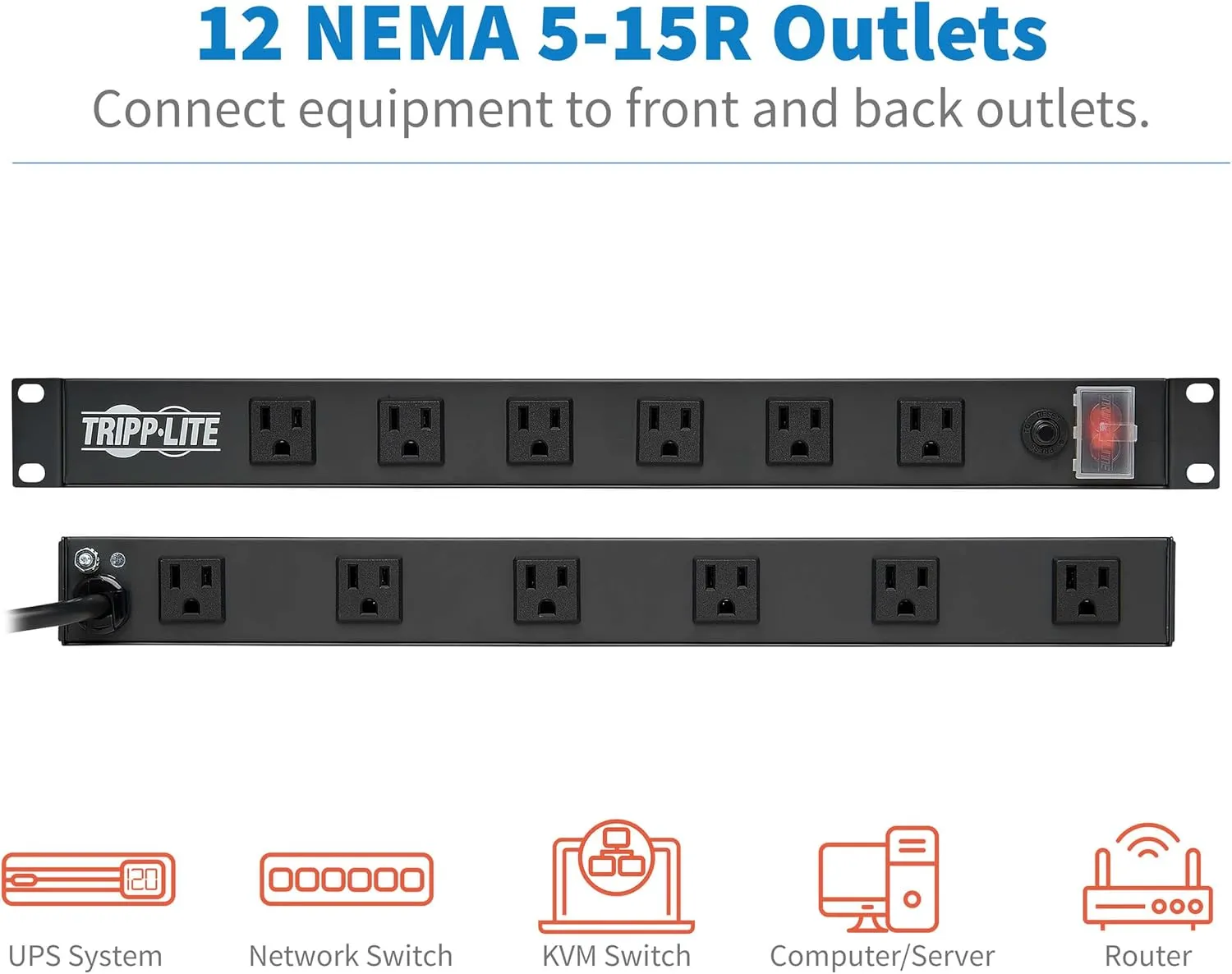 Tripp Lite 12-Outlet Rack Mount Power Strip PDU, Six Front & Six Rear Facing Outlets, 15A, 120V, 15ft Cord with Right-Angle Plug, Horizontal 1U Rack Mount, Lifetime Manufacturer's Warranty (RS1215-RA)