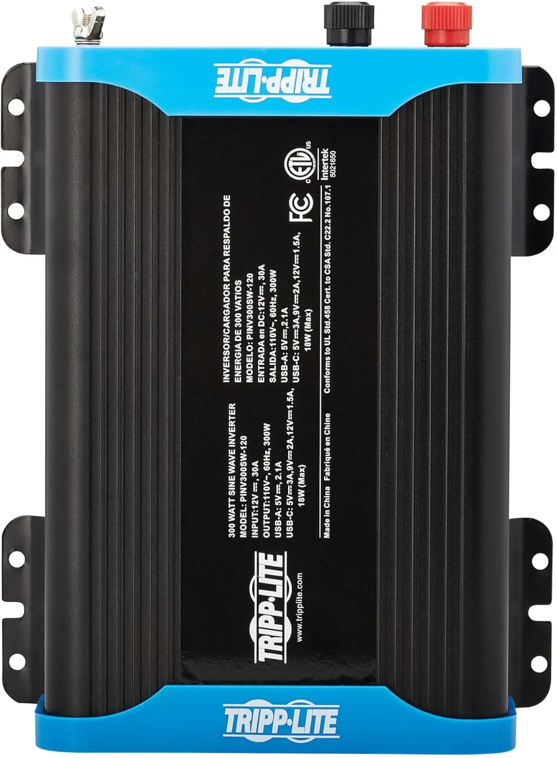 Tripp Lite 300W Compact Pure Sine Wave Power Inverter, 2 Outlets, 1 USB   1 USB-C Charging Ports, Mounting Brackets Included, 2-Year Warranty (PINV300SW-120)