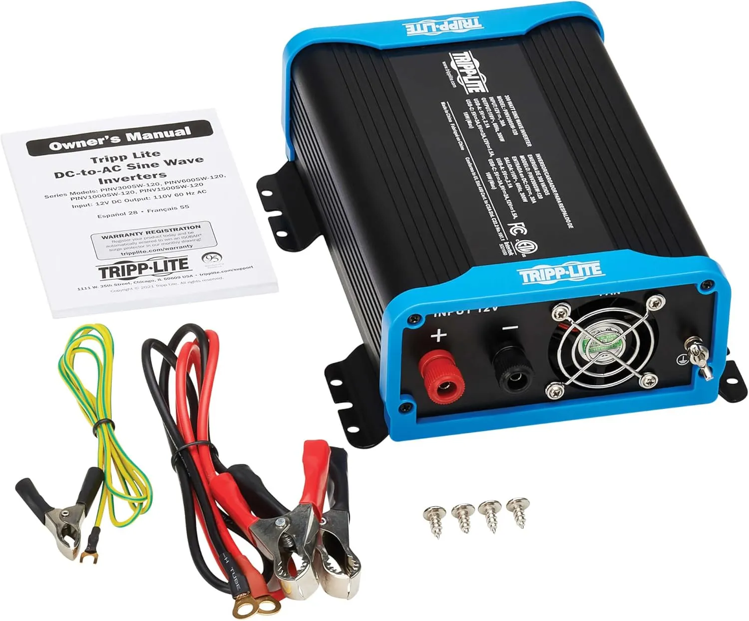 Tripp Lite 300W Compact Pure Sine Wave Power Inverter, 2 Outlets, 1 USB   1 USB-C Charging Ports, Mounting Brackets Included, 2-Year Warranty (PINV300SW-120)