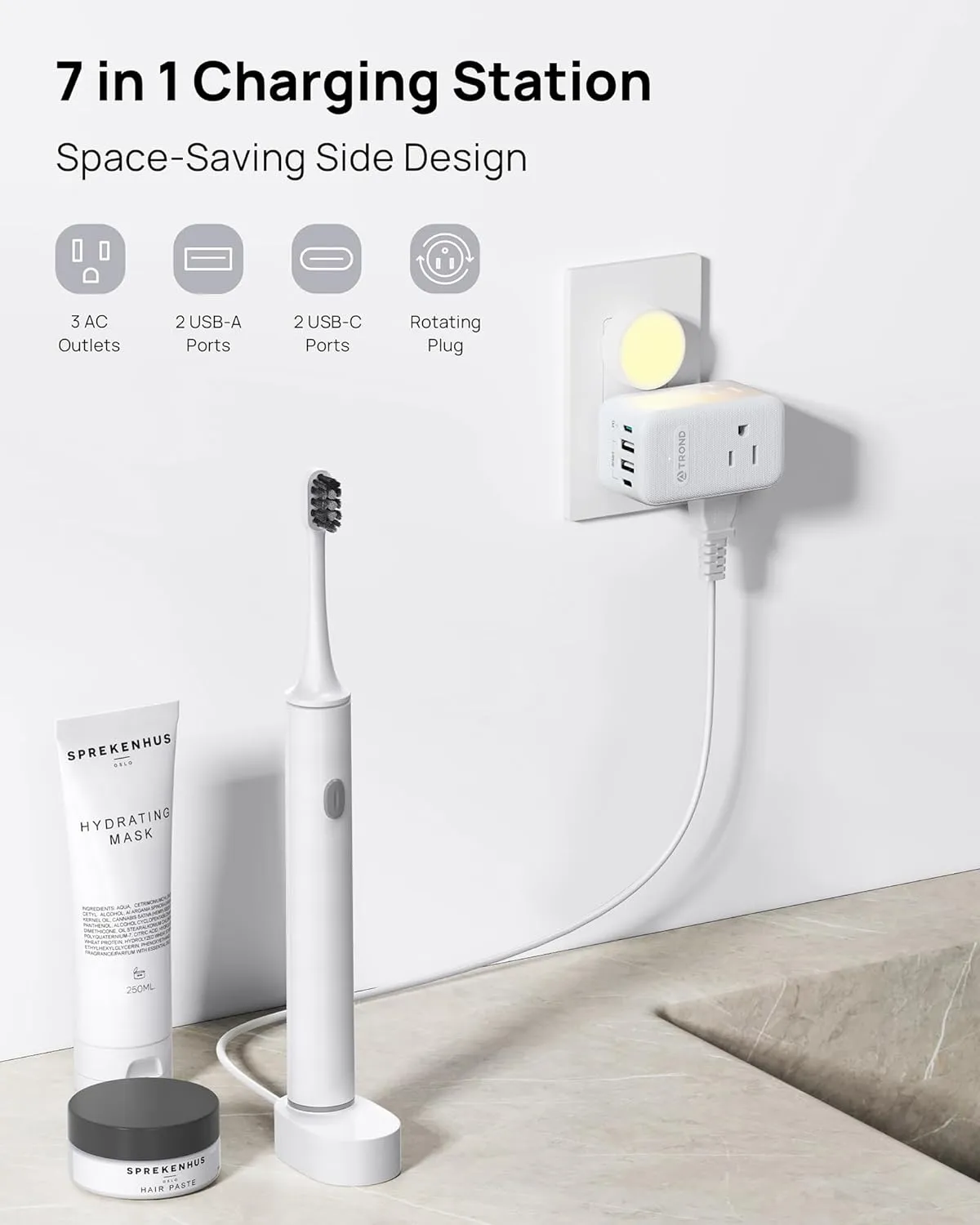 TROND Outlet Extender with 360 Rotating Plug, 3 AC Outlet Splitter with PD 20W USB C Charger, USB Wall Plug Adapter, A Small Charging Station for Kitchen Bathroom Cruise Ship Travel Essentials