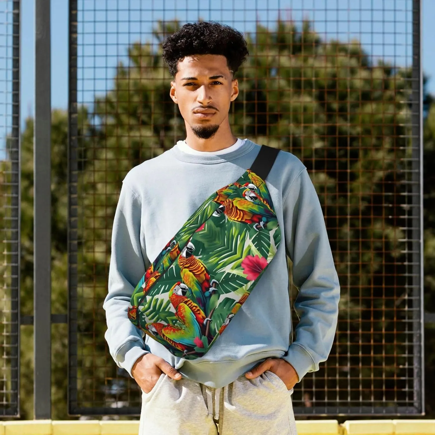Tropical Flower Leaf Parrot Fanny Pack Crossbody Sling Bag â€“ Zipper Pockets for Travel, Hiking, Cycling, Workouts, and Everyday Use