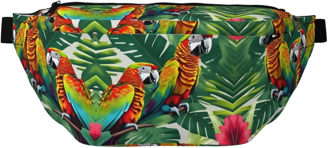 Tropical Flower Leaf Parrot Fanny Pack Crossbody Sling Bag â€“ Zipper Pockets for Travel, Hiking, Cycling, Workouts, and Everyday Use