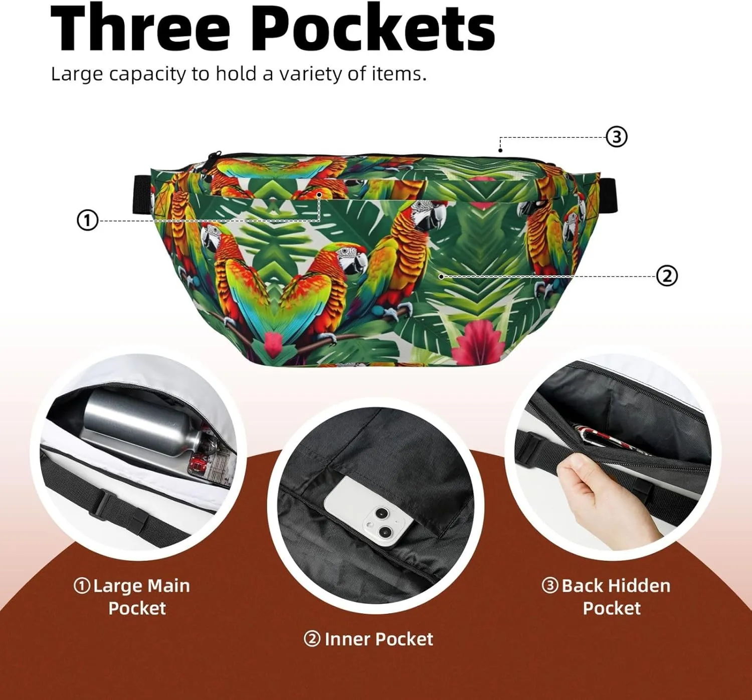 Tropical Flower Leaf Parrot Fanny Pack Crossbody Sling Bag â€“ Zipper Pockets for Travel, Hiking, Cycling, Workouts, and Everyday Use