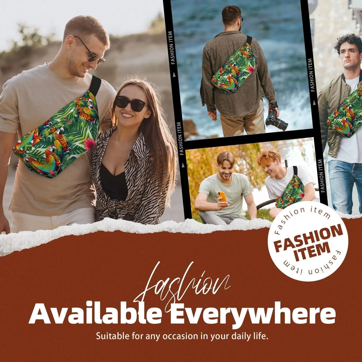Tropical Flower Leaf Parrot Fanny Pack Crossbody Sling Bag â€“ Zipper Pockets for Travel, Hiking, Cycling, Workouts, and Everyday Use