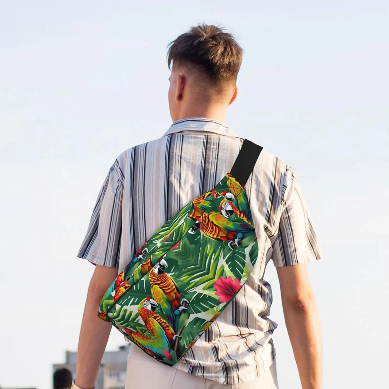 Tropical Flower Leaf Parrot Fanny Pack Crossbody Sling Bag â€“ Zipper Pockets for Travel, Hiking, Cycling, Workouts, and Everyday Use