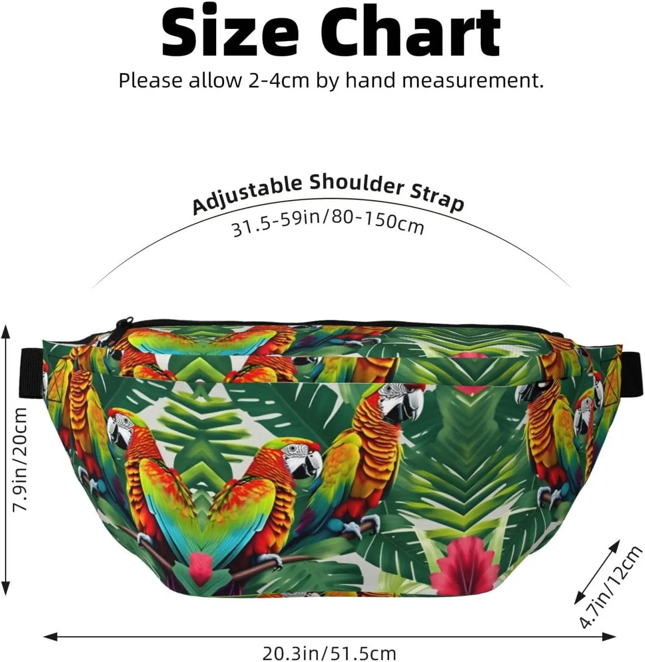 Tropical Flower Leaf Parrot Fanny Pack Crossbody Sling Bag â€“ Zipper Pockets for Travel, Hiking, Cycling, Workouts, and Everyday Use