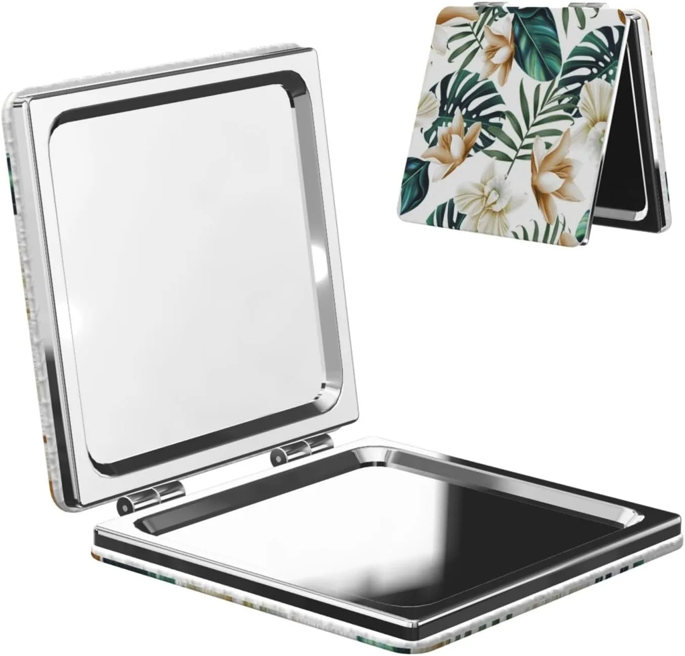 Tropical Palm Leaves Flowers Women Mini Cosmetic Mirror Folding Portable Pocket Makeup Mirror