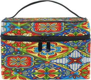 TropicalLife Cosmetic Bags for Women Girls Vintage Mexican Talavera Italian Pottery Makeup Bag Large Zippered Cosmetic Organizer Bag with Handle Brush Holder Travel Makeup Storage Bag