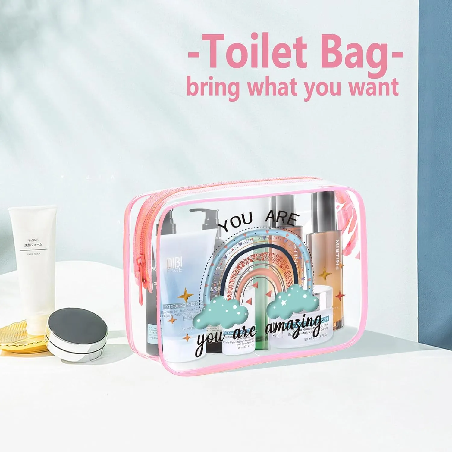 TSA Approved Toiletry Bags 6Pcs- Clear Travel Bag for Toiletries, Carry on Airport Airline Compliant-Bag,Clear Makeup Bag Toiletry bags Quart Size Traveling,Pink