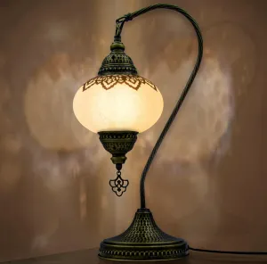 Turkish Moroccan Mosaic Swan Neck Lamp, Night Light, Tiffany Style, Vintage, Decorative Glass Table Lamp for Bedroom, Office, Living Room, Gift for Special Days/Person (Krk White)