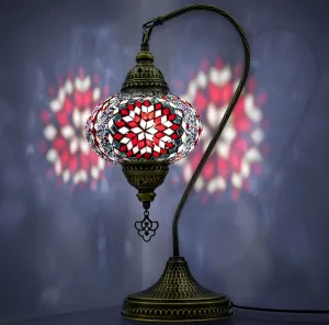 Turkish Moroccan Mosaic Swan Neck Lamp, Night Light, Tiffany Style, Vintage, Decorative Glass Table Lamp for Bedroom, Office, Living Room, Gift for Special Days/Person (Red)