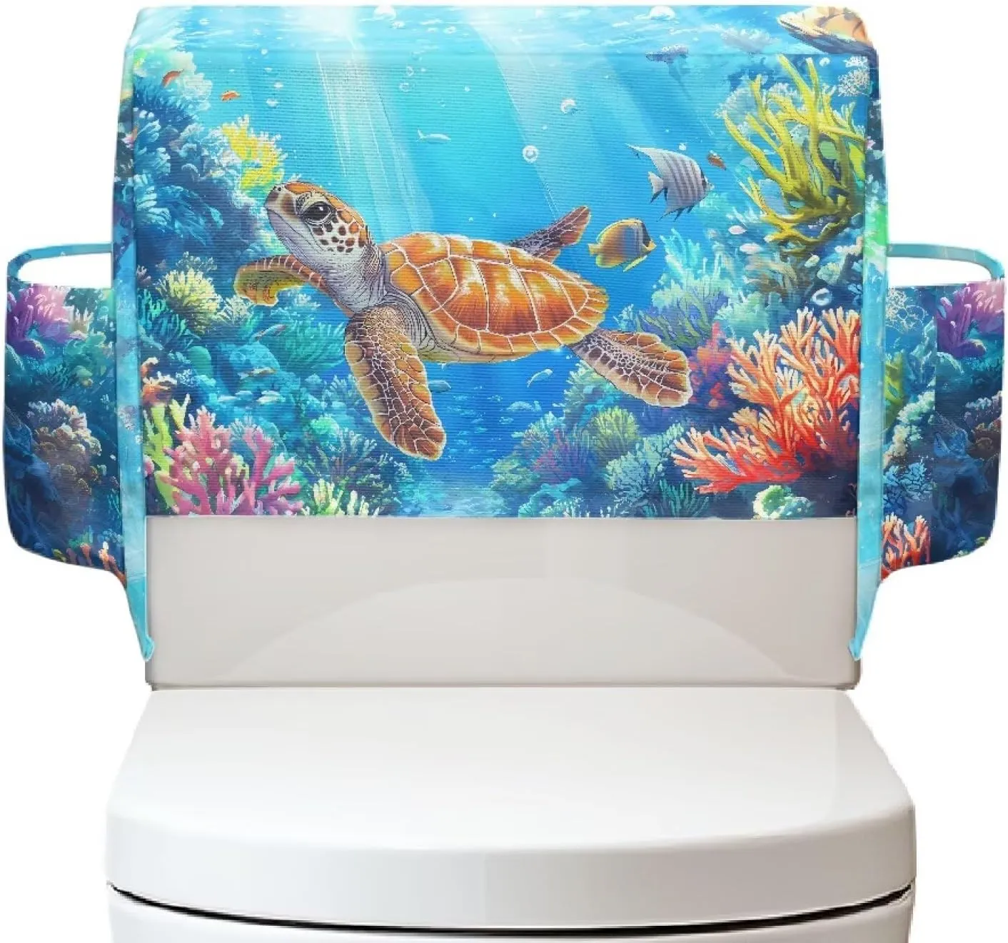 Turtle Fish Bathroom Toilet Tank Cover with Extra Storage Bag, Easy to Clean Universal Toilet Top Protective Cover for Home Indoor Decorations, Universal Fits