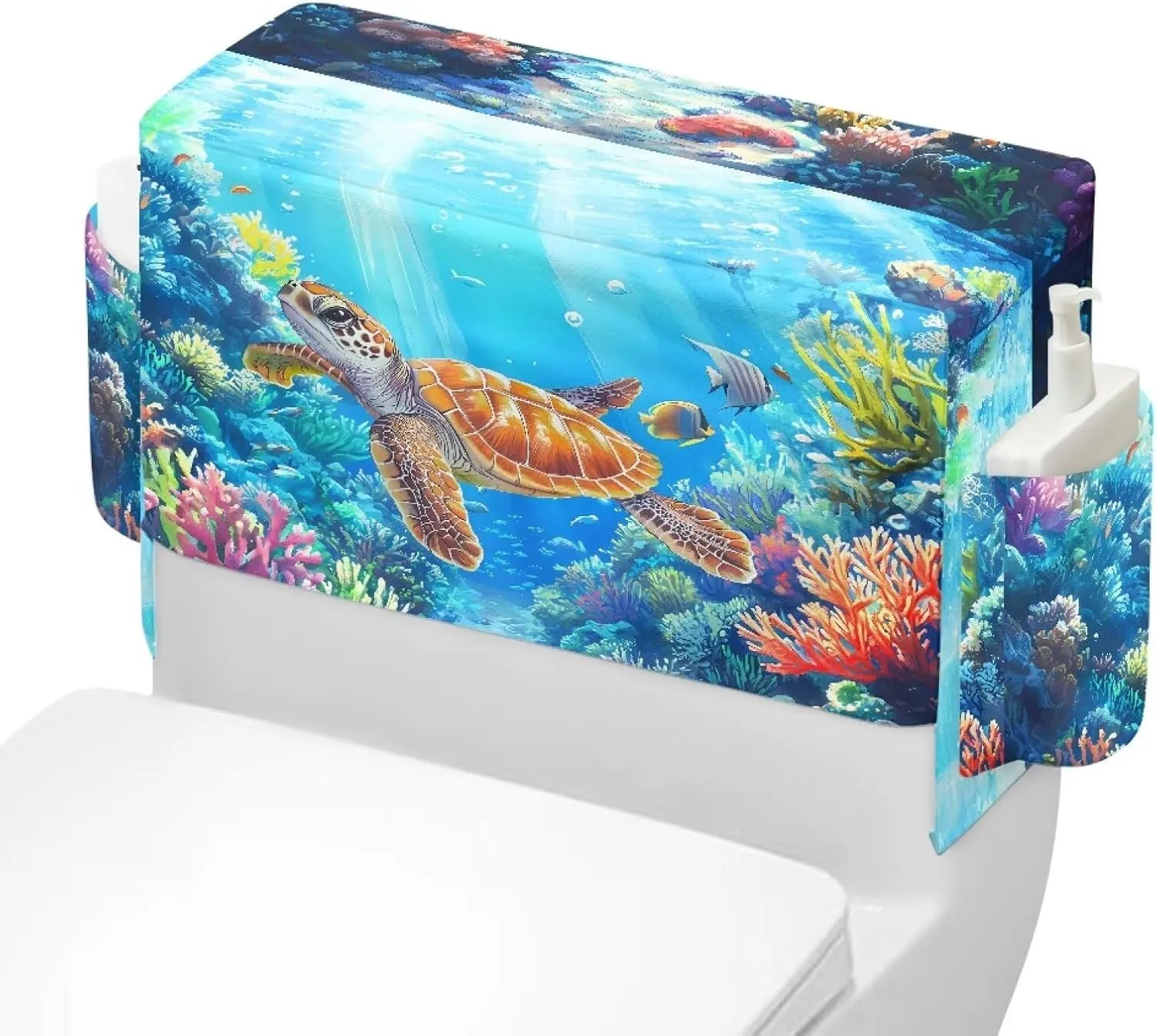 Turtle Fish Bathroom Toilet Tank Cover with Extra Storage Bag, Easy to Clean Universal Toilet Top Protective Cover for Home Indoor Decorations, Universal Fits