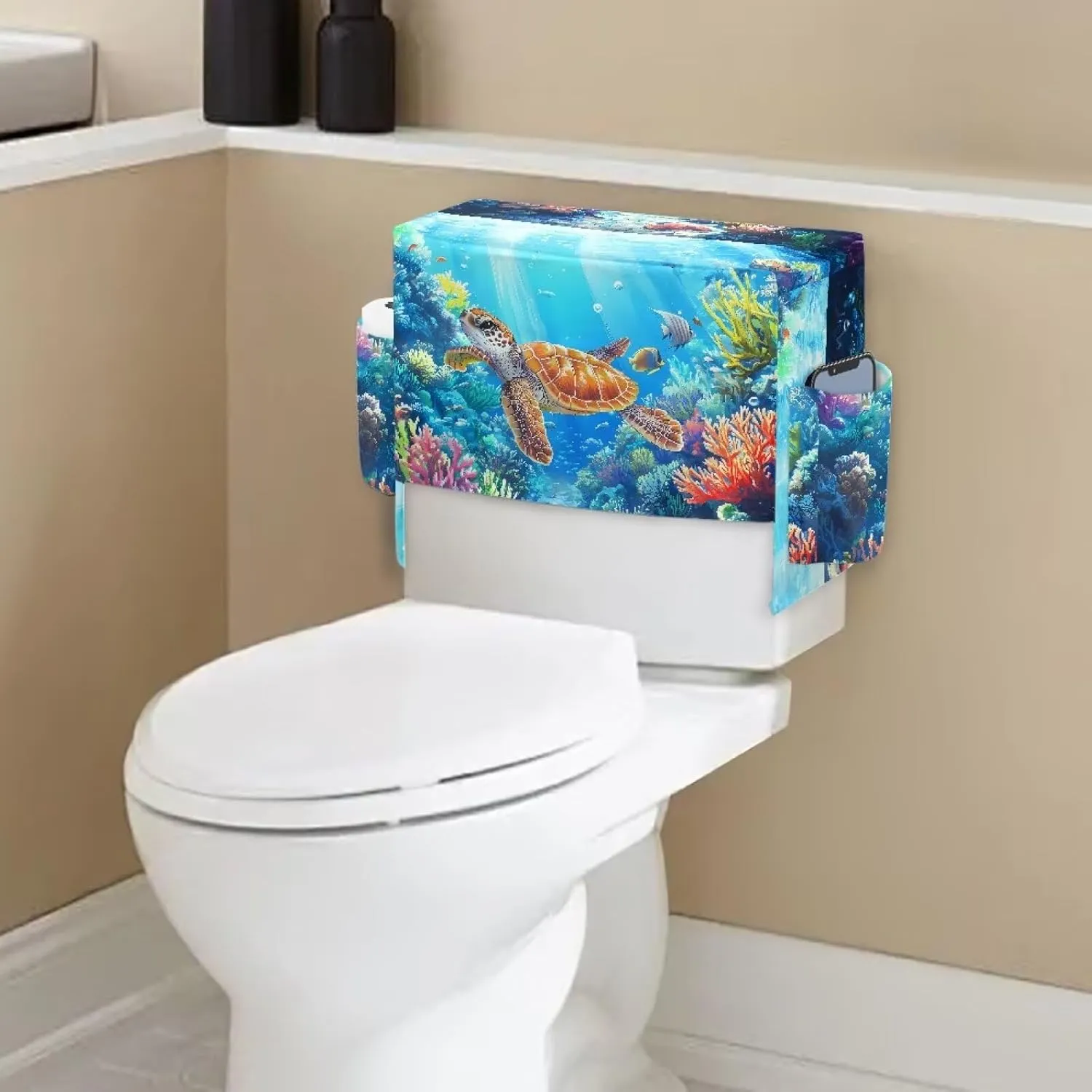 Turtle Fish Bathroom Toilet Tank Cover with Extra Storage Bag, Easy to Clean Universal Toilet Top Protective Cover for Home Indoor Decorations, Universal Fits