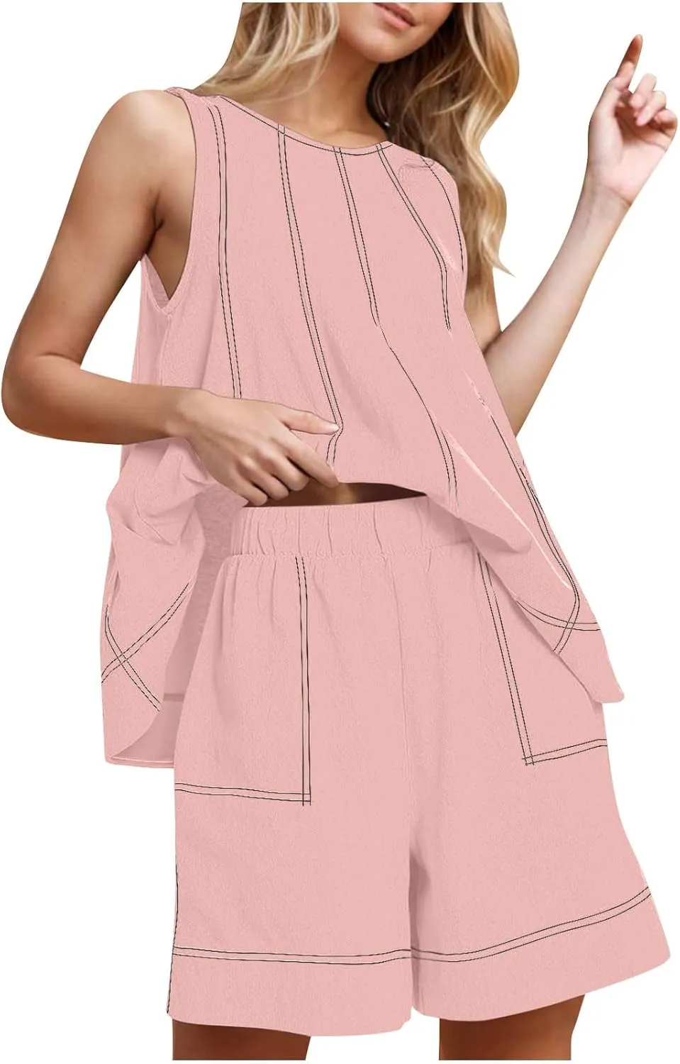 Two Piece Sets For Women Solid Color Contrasting Stitch Cotton Linen Vacation Outfits 2025 Summer Workout Loose Set