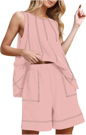 Two Piece Sets For Women Solid Color Contrasting Stitch Cotton Linen Vacation Outfits 2025 Summer Workout Loose Set