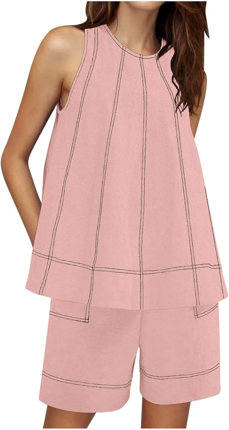 Two Piece Sets For Women Solid Color Contrasting Stitch Cotton Linen Vacation Outfits 2025 Summer Workout Loose Set