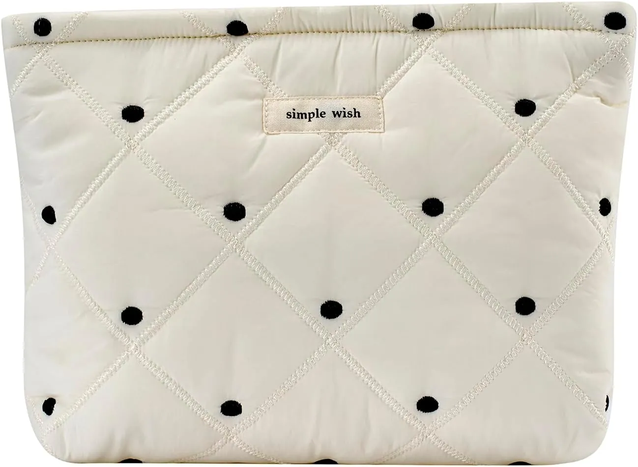 uekeboag White Quilted Cotton Makeup Pouch,Coquette Quilted Toiletry Bag for Women and Girls, Floral Coquette Organizer Bag, Aesthetic Travel Cosmetic Bags(01White Dots)