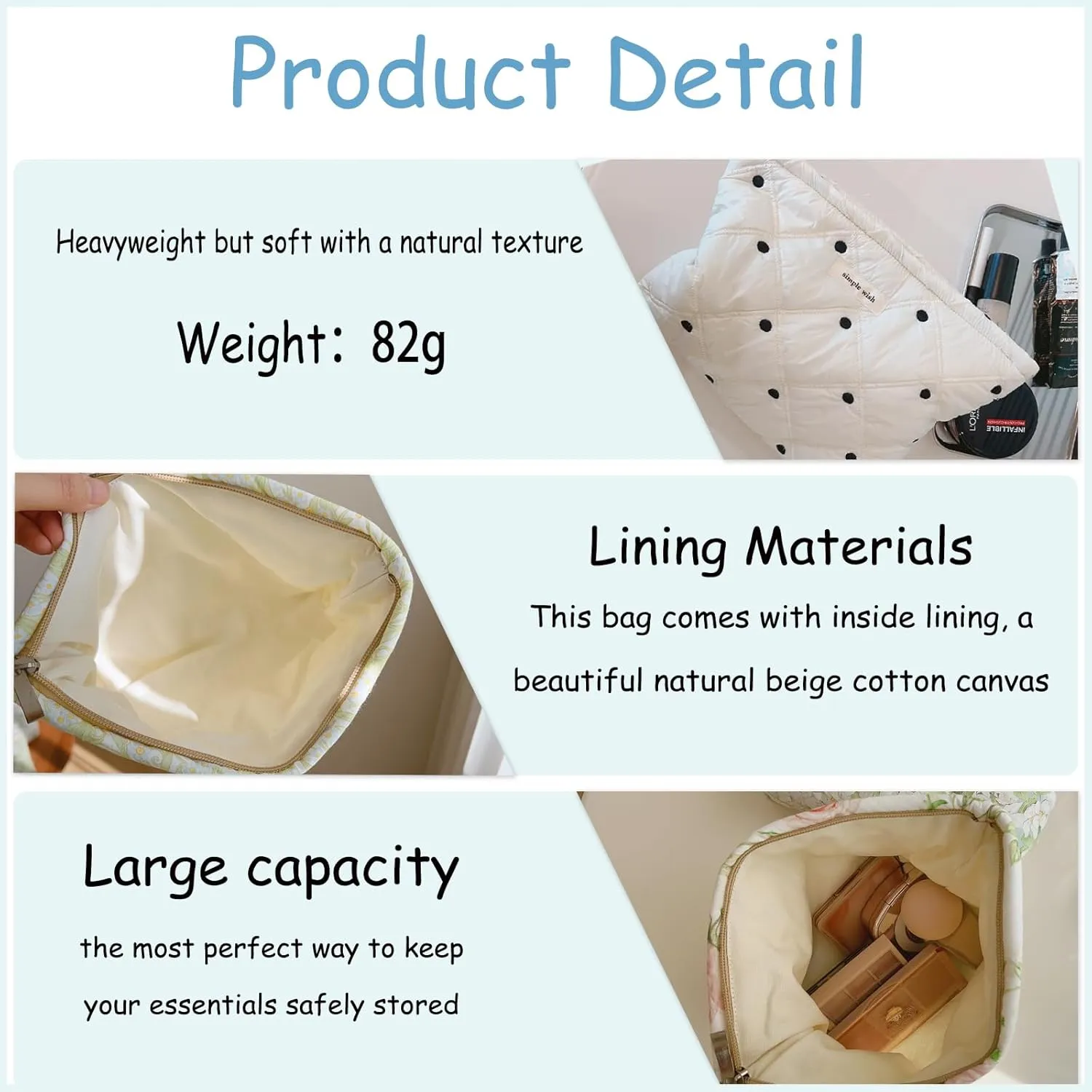 uekeboag White Quilted Cotton Makeup Pouch,Coquette Quilted Toiletry Bag for Women and Girls, Floral Coquette Organizer Bag, Aesthetic Travel Cosmetic Bags(01White Dots)
