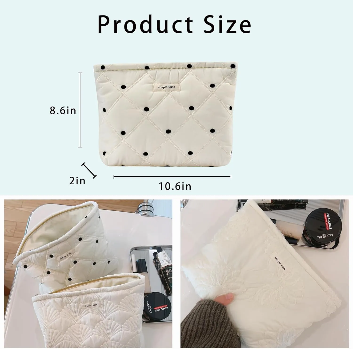 uekeboag White Quilted Cotton Makeup Pouch,Coquette Quilted Toiletry Bag for Women and Girls, Floral Coquette Organizer Bag, Aesthetic Travel Cosmetic Bags(01White Dots)