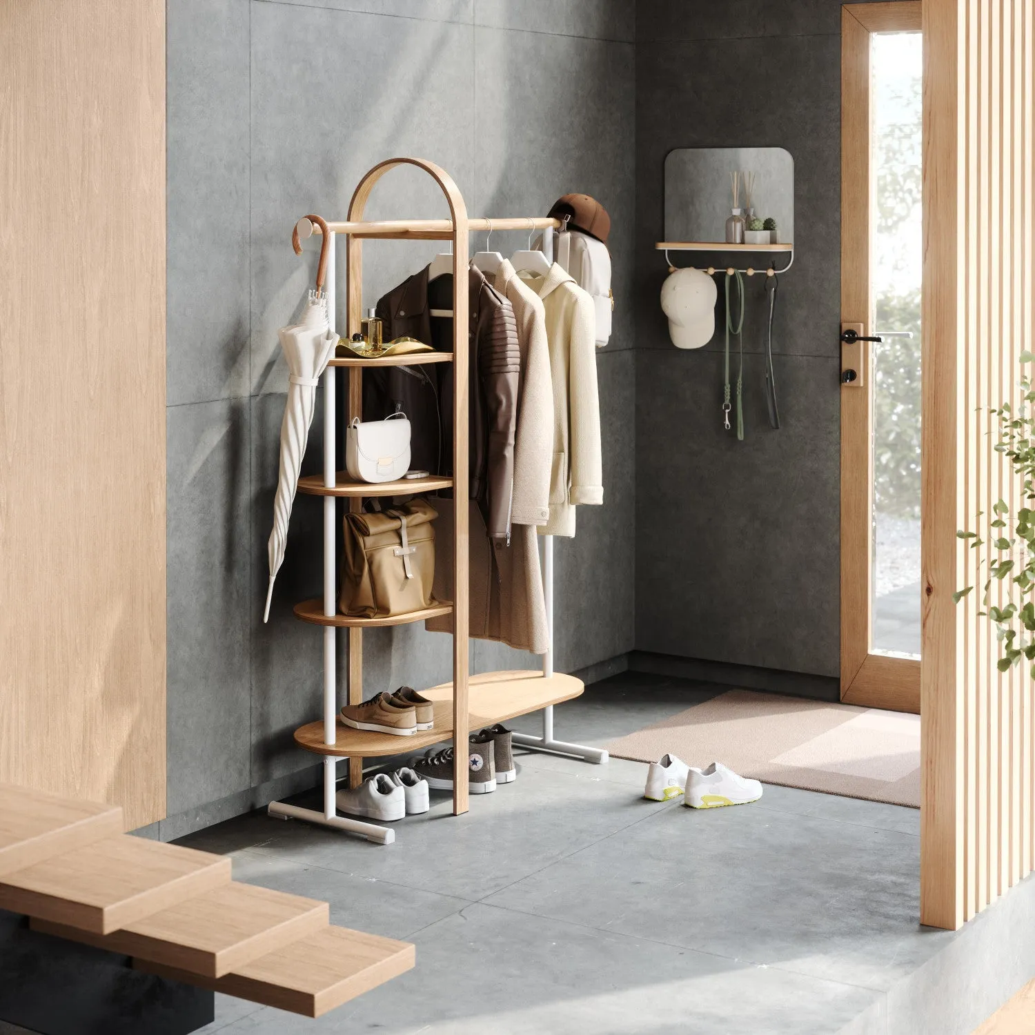 Umbra Modern Wood Bellwood Garment Rack Coat Rack - White and Natural|Portemanteau et support à vêtements modernes Bellwood de Umbra en bois - blanc et naturel