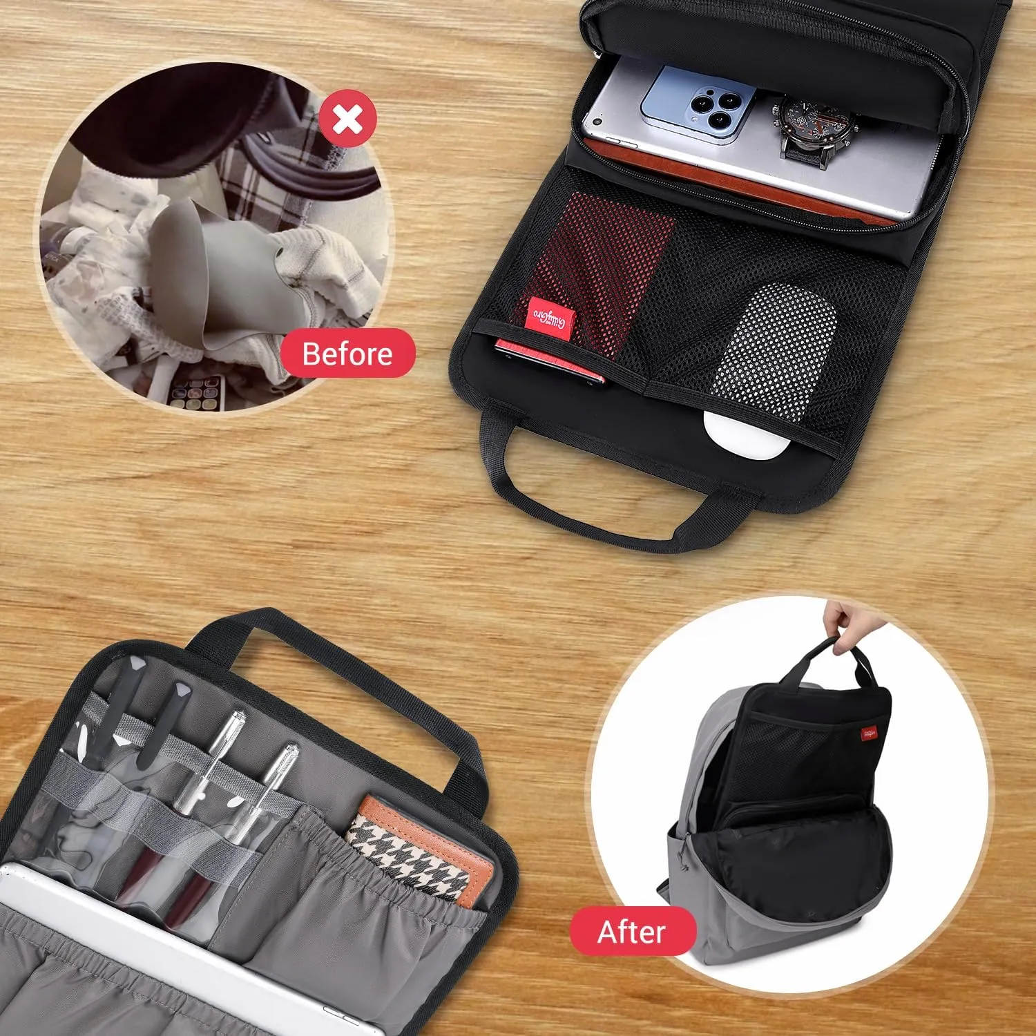 Unisex Foldable Vertical Backpack Organizer Insert for Tote Bag, Carry On, Picnic, Camping - 10 Pockets & Handle