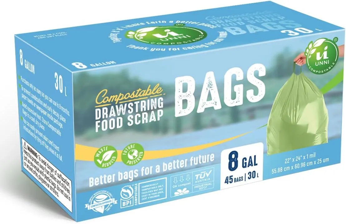 UNNI Compostable Drawstring Bags, 6-8 Gallon, 23-30 Liter, 45 Count, Heavy Duty 1 Mil, Medium Food Scrap Waste Bags, ASTM D6400, US BPI, CMA & Europe OK compost Certified, San Francisco