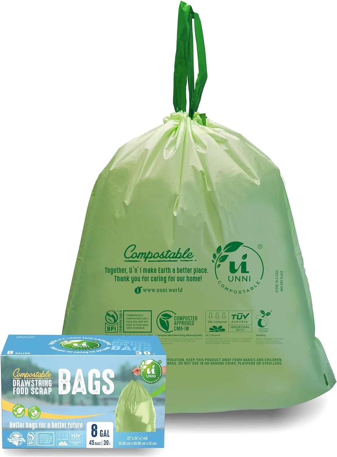 UNNI Compostable Drawstring Bags, 6-8 Gallon, 23-30 Liter, 45 Count, Heavy Duty 1 Mil, Medium Food Scrap Waste Bags, ASTM D6400, US BPI, CMA & Europe OK compost Certified, San Francisco