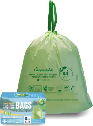 UNNI Compostable Drawstring Bags, 6-8 Gallon, 23-30 Liter, 45 Count, Heavy Duty 1 Mil, Medium Food Scrap Waste Bags, ASTM D6400, US BPI, CMA & Europe OK compost Certified, San Francisco