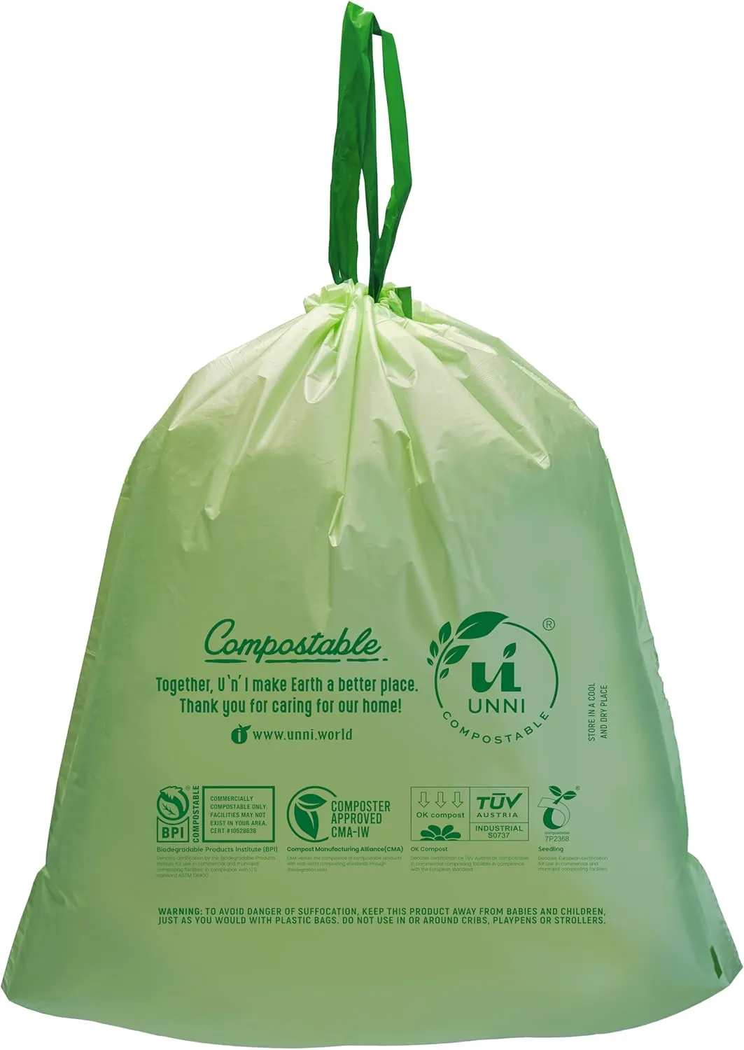 UNNI Compostable Drawstring Bags, 6-8 Gallon, 23-30 Liter, 45 Count, Heavy Duty 1 Mil, Medium Food Scrap Waste Bags, ASTM D6400, US BPI, CMA & Europe OK compost Certified, San Francisco