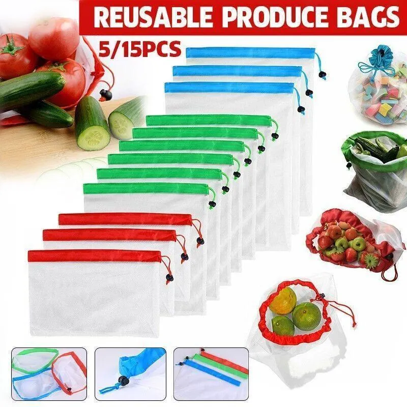 Up 15X Eco Friendly Reusable Mesh Produce Bags Superior Double Stitched Strength