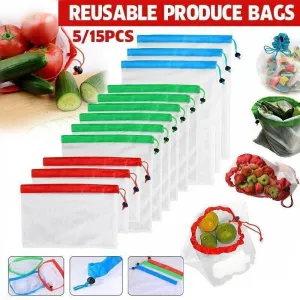Up 15X Eco Friendly Reusable Mesh Produce Bags Superior Double Stitched Strength