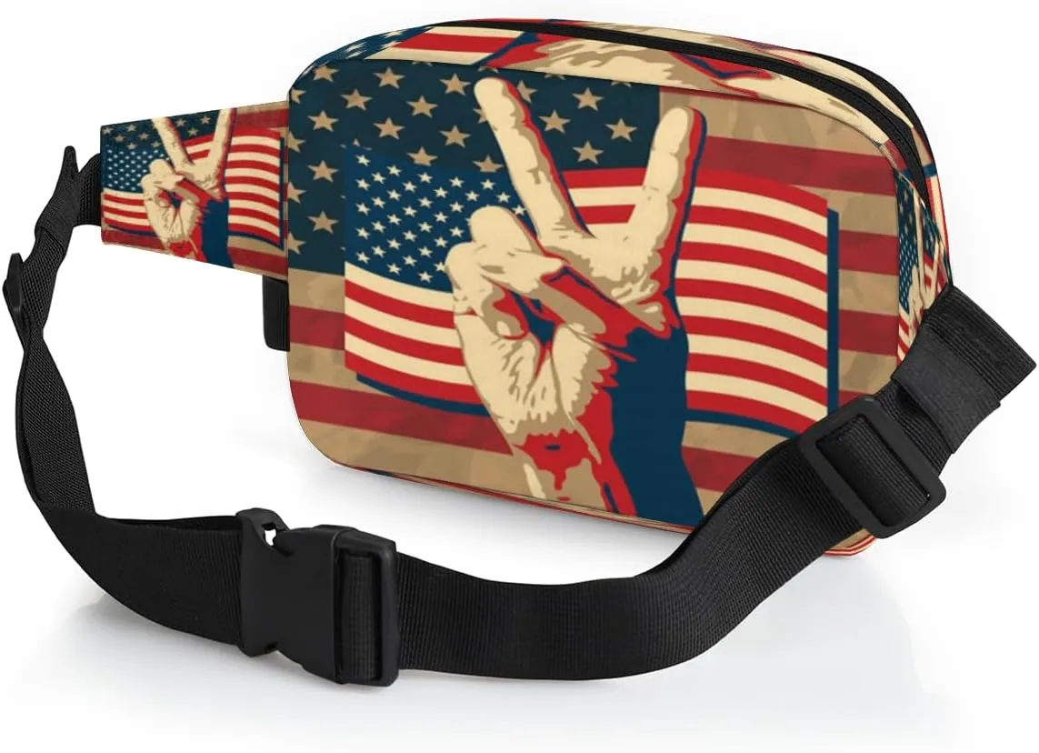 Usa Flag The Victory Sign Durable Waterproof Fanny Pack with Double Zipper Closure - Organize Your Essentials with Ease - Lightweight and Comfortable for Men and Women