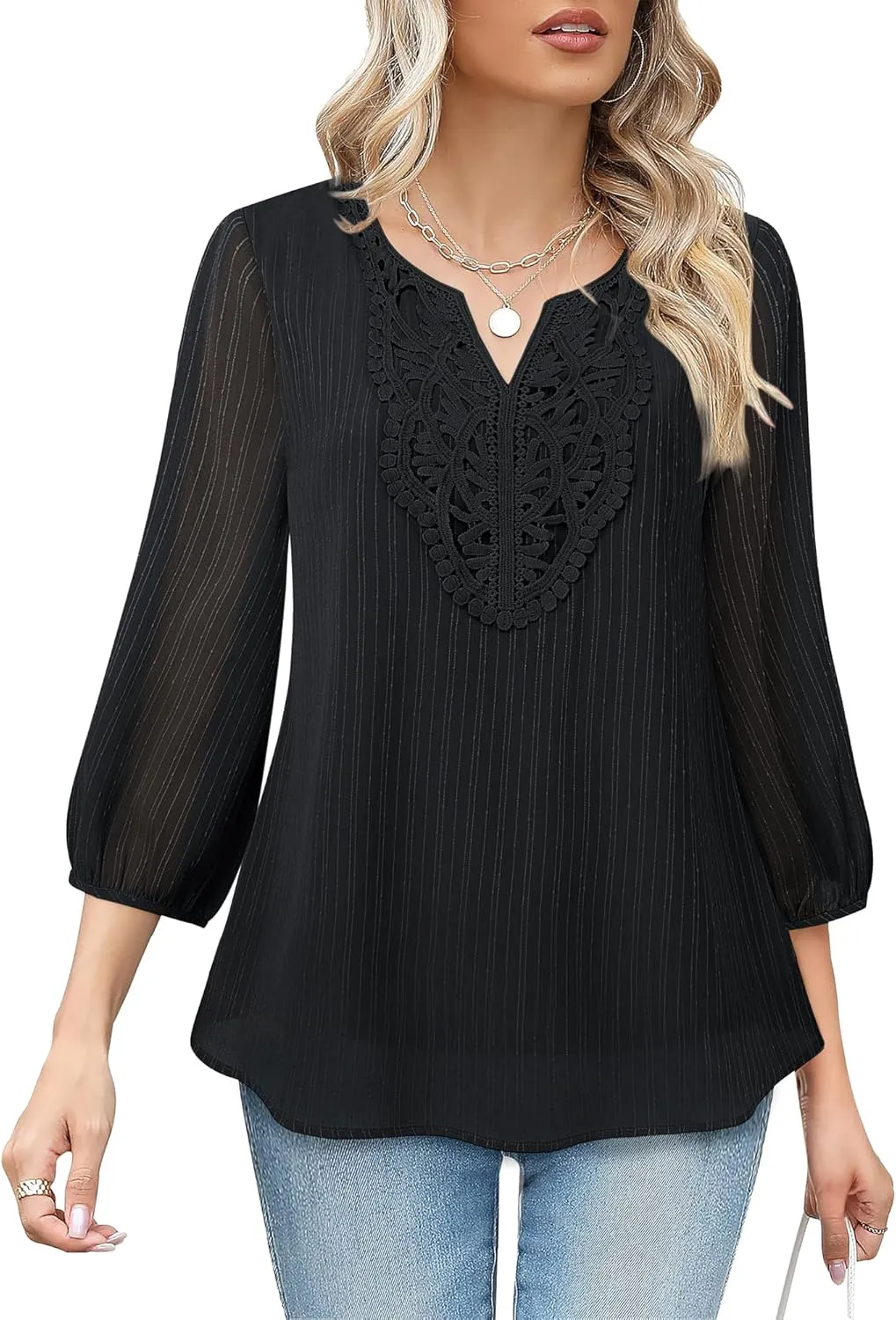 VALOLIA Women's Casual 3/4 Sleeve Chiffon Blouses V Neck Layered Embroidery Tunic Shirts