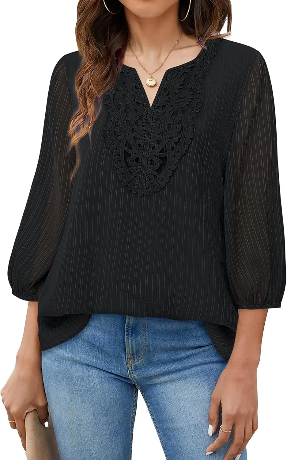 VALOLIA Women's Casual 3/4 Sleeve Chiffon Blouses V Neck Layered Embroidery Tunic Shirts