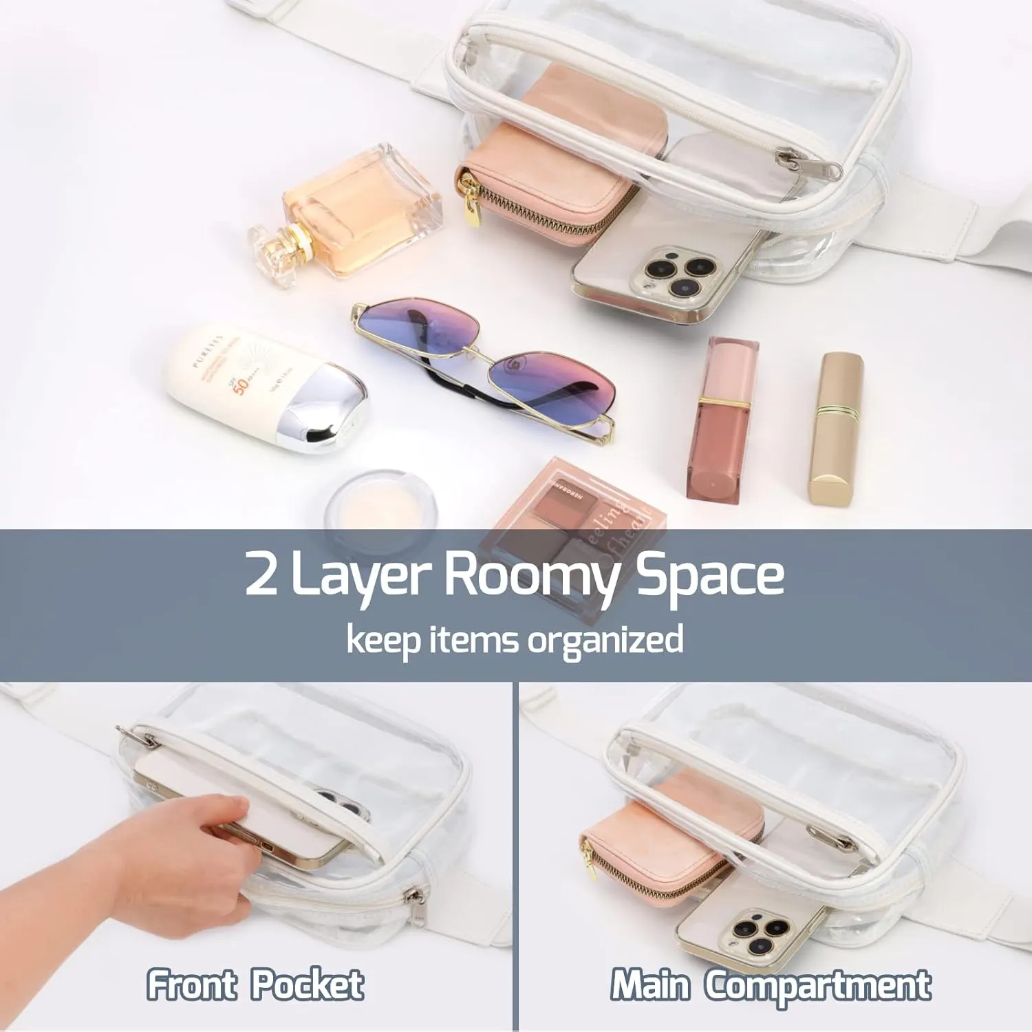 Veckle Clear Fanny Pack - Stadium Approved 2 Pack Crossbody Clear Belt Bag for Women Men Transparent Large Waist Bag with Adjustable Strap for Sports Events, Concerts, White