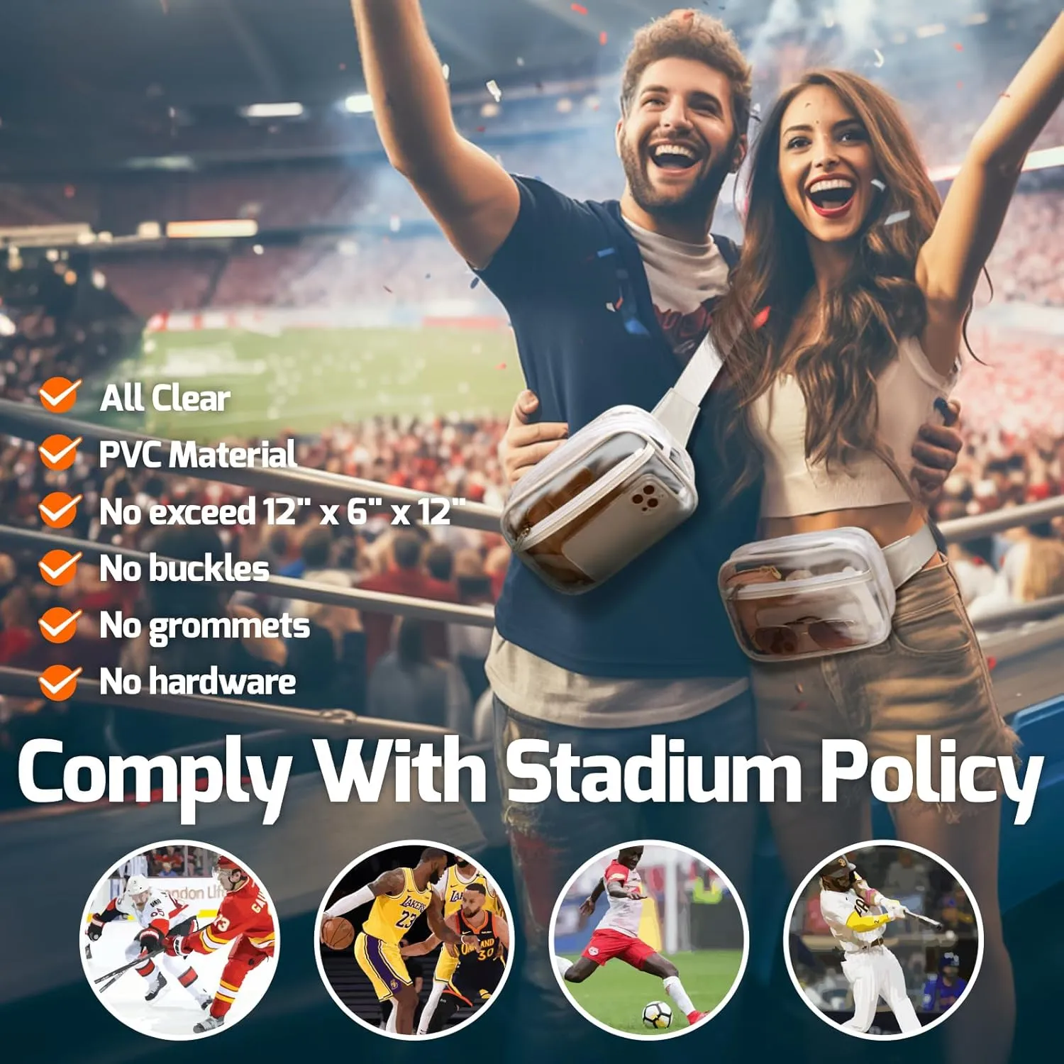 Veckle Clear Fanny Pack - Stadium Approved 2 Pack Crossbody Clear Belt Bag for Women Men Transparent Large Waist Bag with Adjustable Strap for Sports Events, Concerts, White