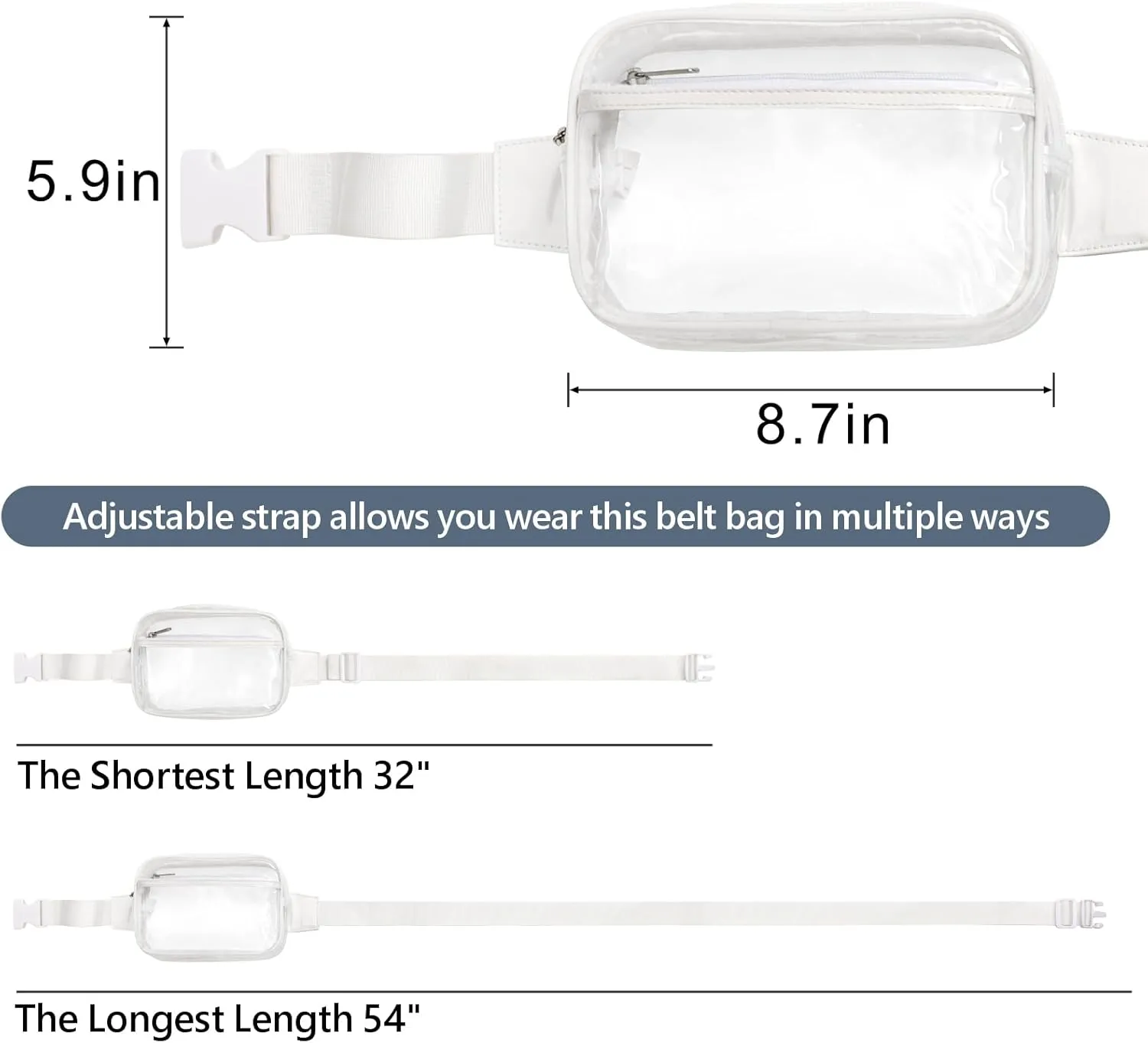 Veckle Clear Fanny Pack - Stadium Approved 2 Pack Crossbody Clear Belt Bag for Women Men Transparent Large Waist Bag with Adjustable Strap for Sports Events, Concerts, White
