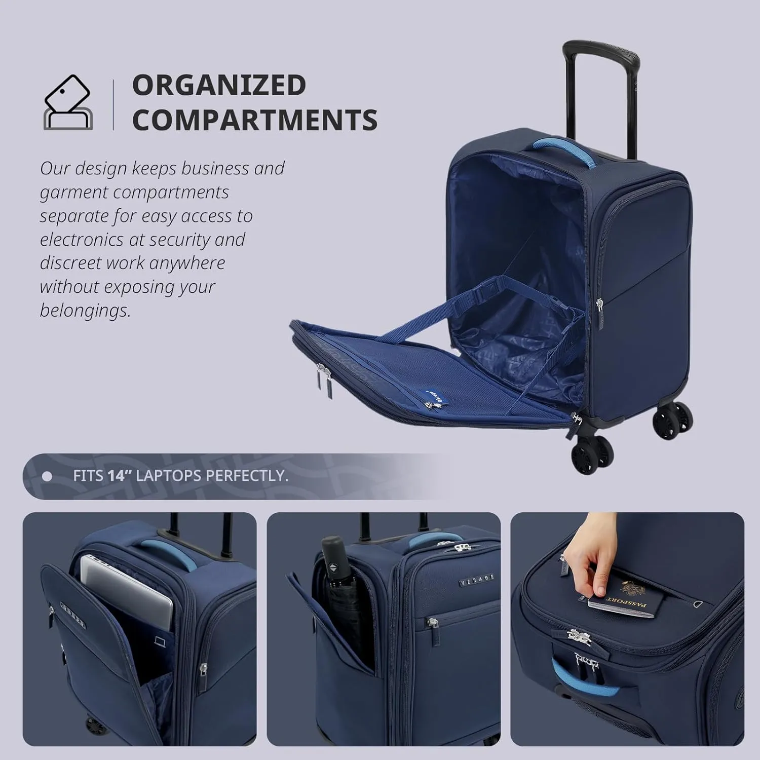 Verage Underseat Carry On Luggage with Wheels & USB Port,14 inch Wheeled Spinner Bag Carry-on Luggages for Airlines, Lightweight Suitcase Men Women, Pilots and Crew (14.5-Inch Plus Underseat Pro)