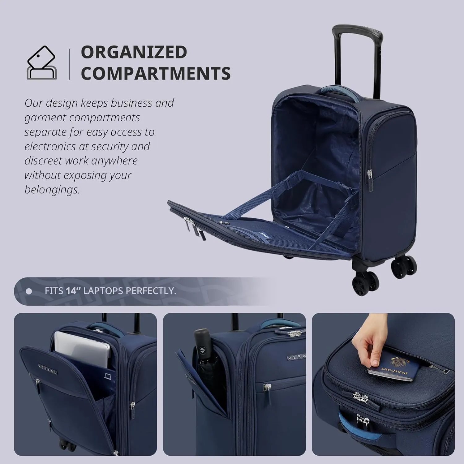 Verage Underseat Carry On Luggage with Wheels & USB Port,14 inch Wheeled Spinner Carry-on Luggages Bags for Airlines, Lightweight Overnight Suitcase for Men Women (14-Inch Compact Underseat Pro)
