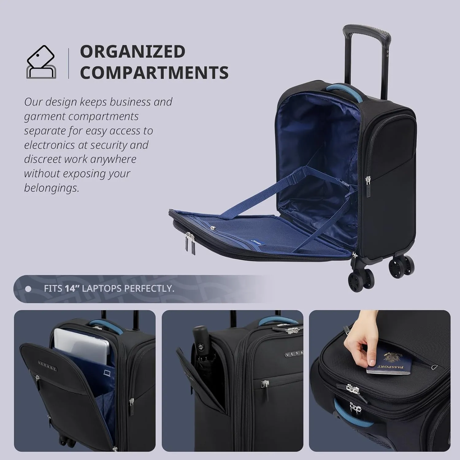 Verage Underseat Carry On Luggage with Wheels & USB Port,14 inch Wheeled Spinner Carry-on Luggages Bags for Airlines, Lightweight Overnight Suitcase for Men Women (14-Inch Compact Underseat Pro)