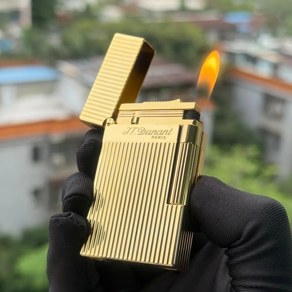 Vertical Lines Lighter, Brass, Refillable, Classic Cling Sound, Adjustable Soft Flame, Gift for Men Father Husband Boyfriend (Butane not Included)