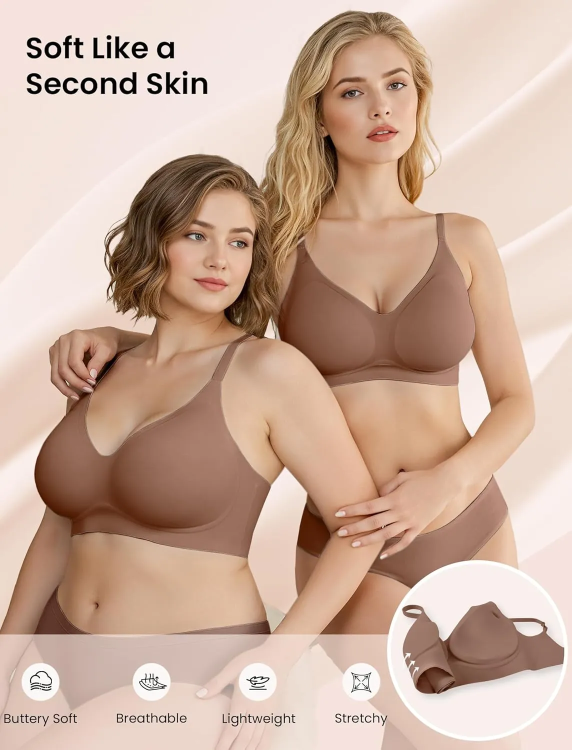 Vertvie Wireless Bras for Women Full Coverage Supportive Seamless Bralettes No Underwire Push Up Comfort Soft T-Shirt Bra