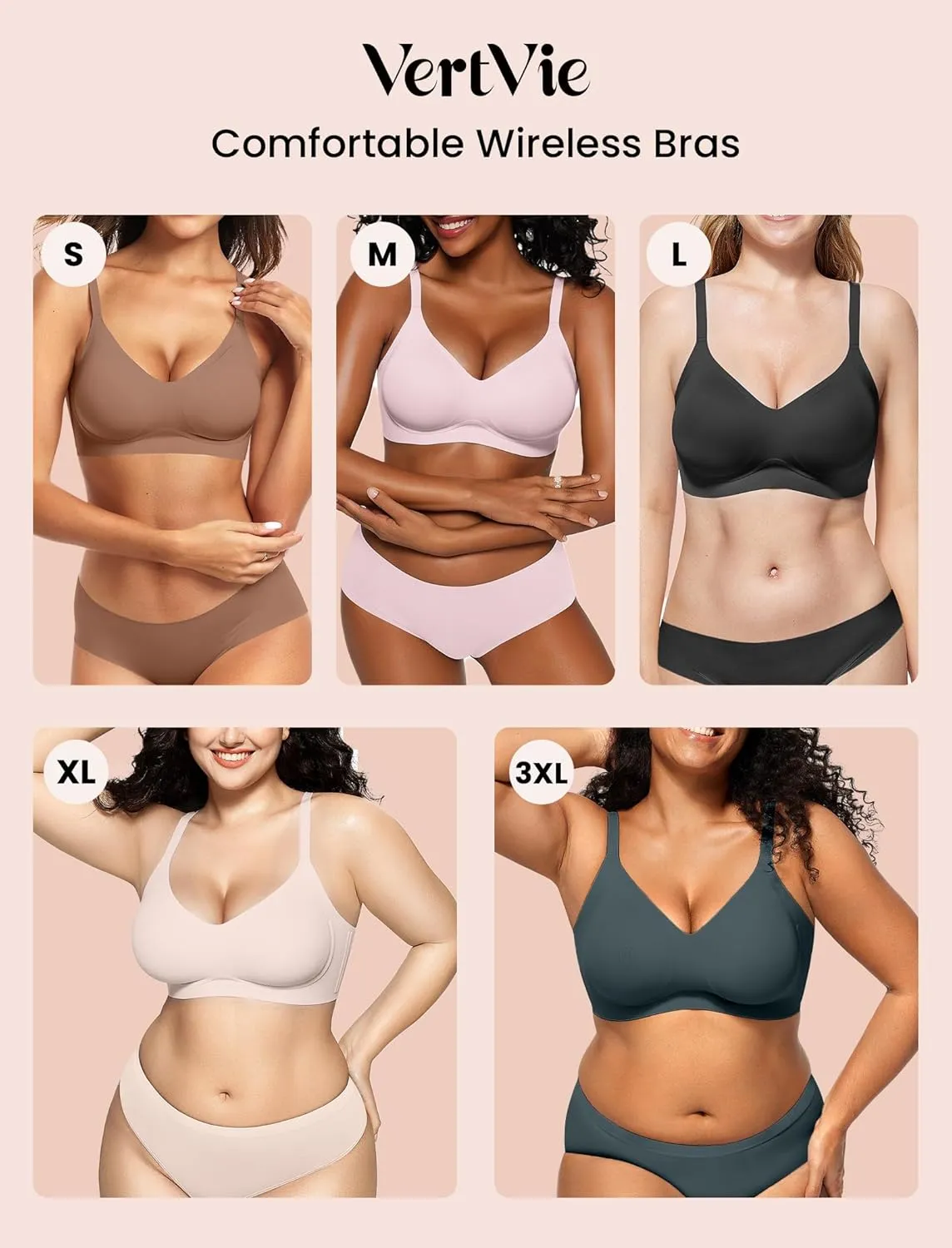 Vertvie Wireless Bras for Women Full Coverage Supportive Seamless Bralettes No Underwire Push Up Comfort Soft T-Shirt Bra