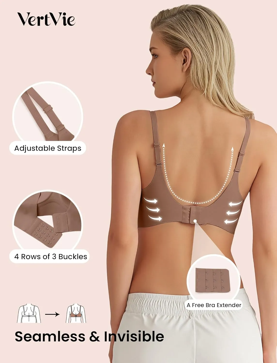 Vertvie Wireless Bras for Women Full Coverage Supportive Seamless Bralettes No Underwire Push Up Comfort Soft T-Shirt Bra