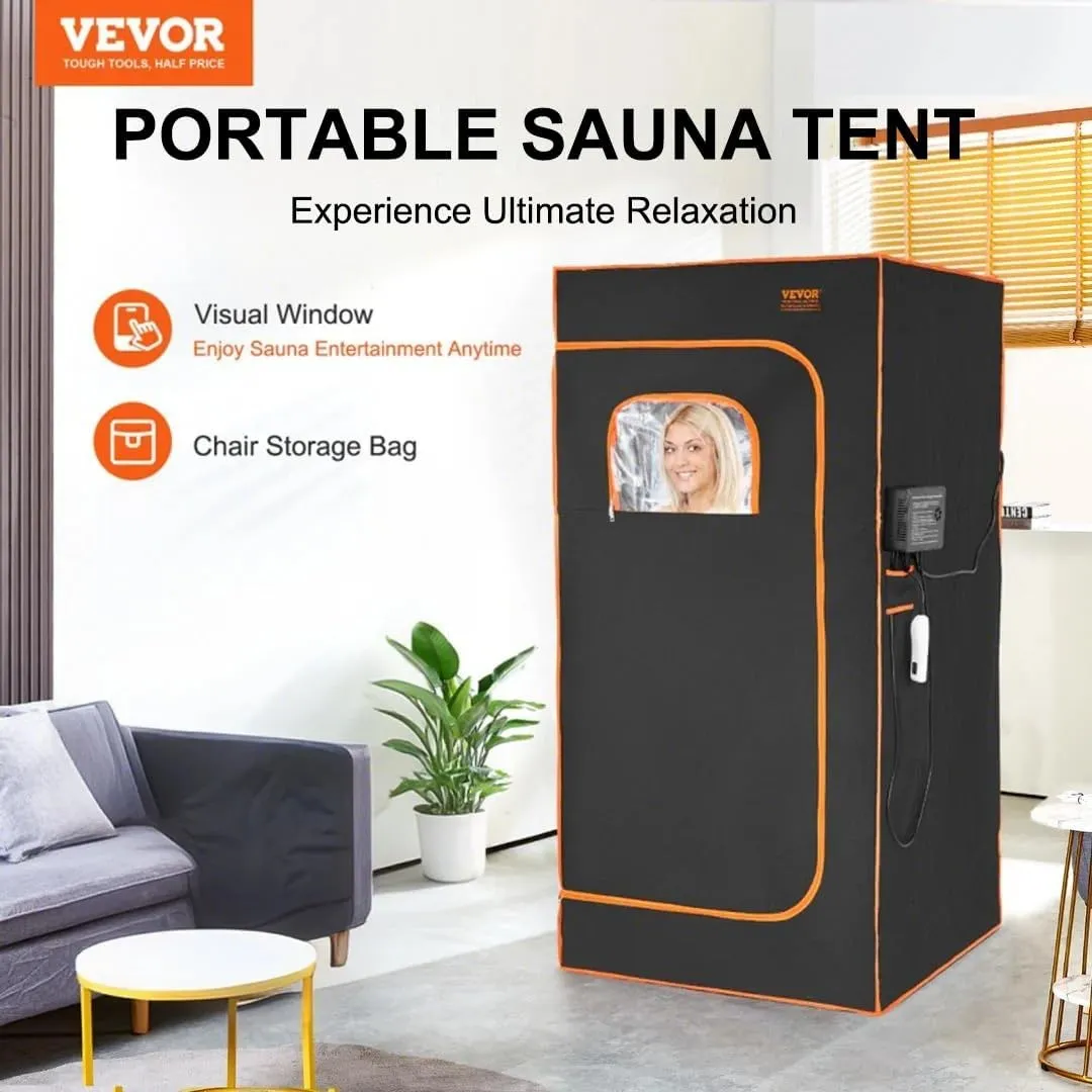 VEVOR Infrared Portable Sauna Tent, 1400W Personal Sauna Kit for Home Spa Heated Body Therapy, Time & Temperature Remote Control with Chair & Floor Mat, Black, 2.9’x 2.9’x 5.8’
