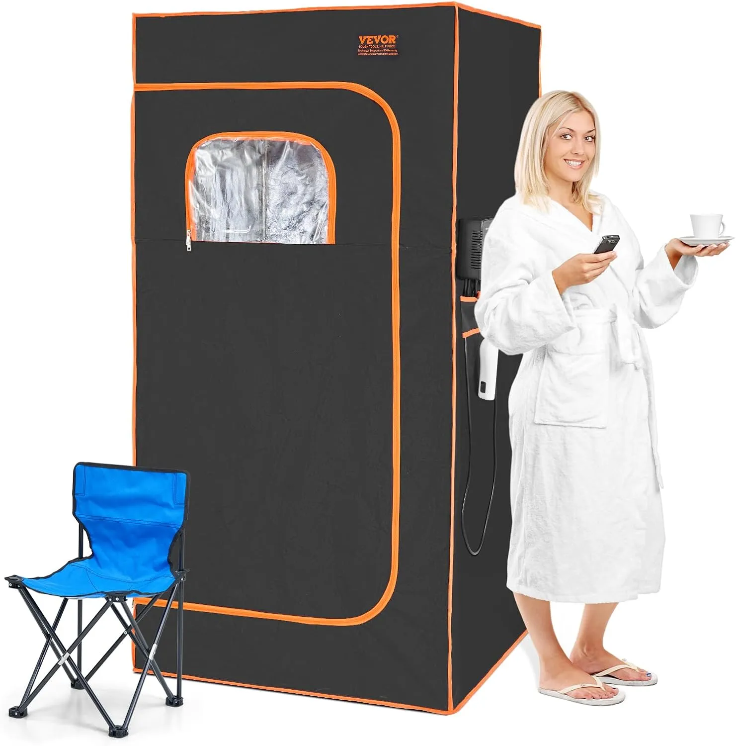 VEVOR Infrared Portable Sauna Tent, 1400W Personal Sauna Kit for Home Spa Heated Body Therapy, Time & Temperature Remote Control with Chair & Floor Mat, Black, 2.9’x 2.9’x 5.8’