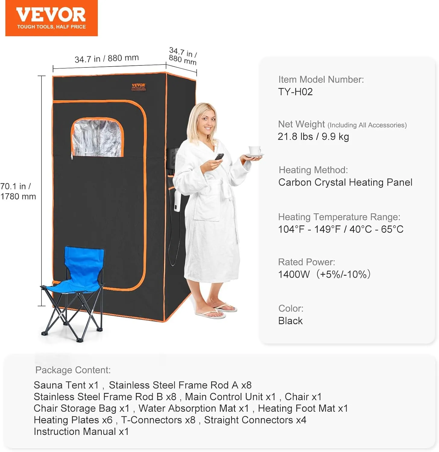 VEVOR Infrared Portable Sauna Tent, 1400W Personal Sauna Kit for Home Spa Heated Body Therapy, Time & Temperature Remote Control with Chair & Floor Mat, Black, 2.9’x 2.9’x 5.8’