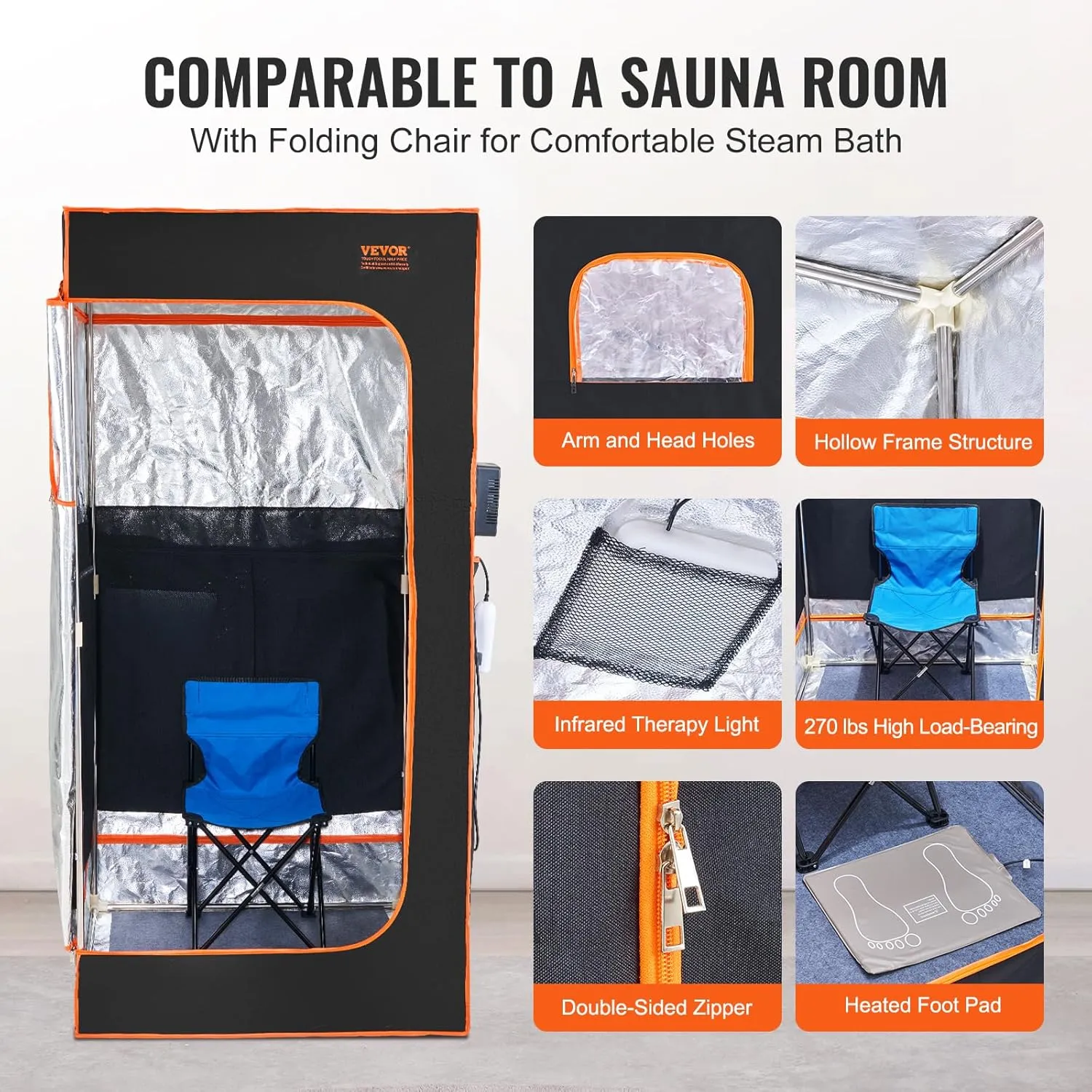 VEVOR Infrared Portable Sauna Tent, 1400W Personal Sauna Kit for Home Spa Heated Body Therapy, Time & Temperature Remote Control with Chair & Floor Mat, Black, 2.9’x 2.9’x 5.8’